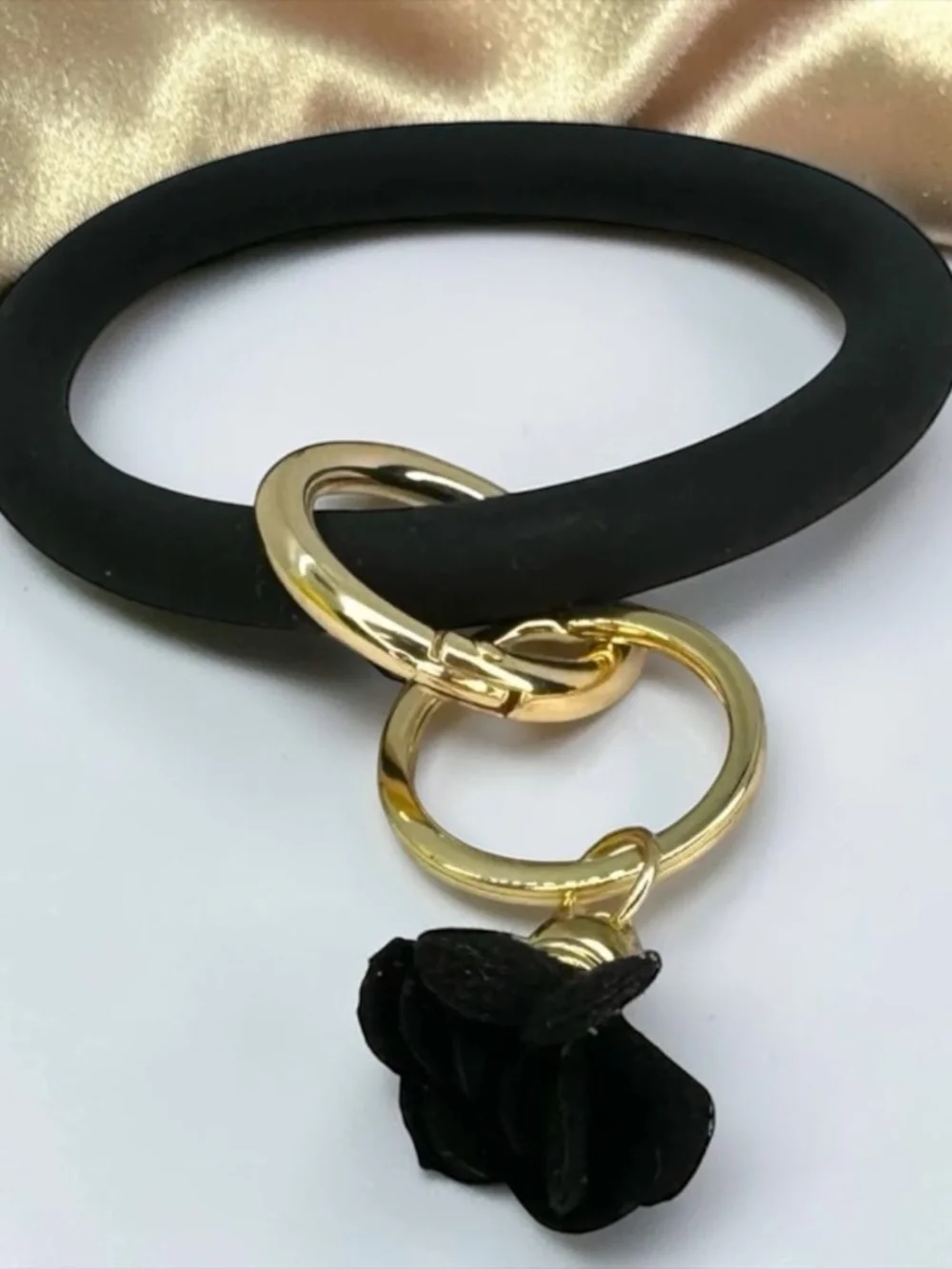 Black Silicone Bangle Keychain Bracelet Gold Tassel Wristlet NEW